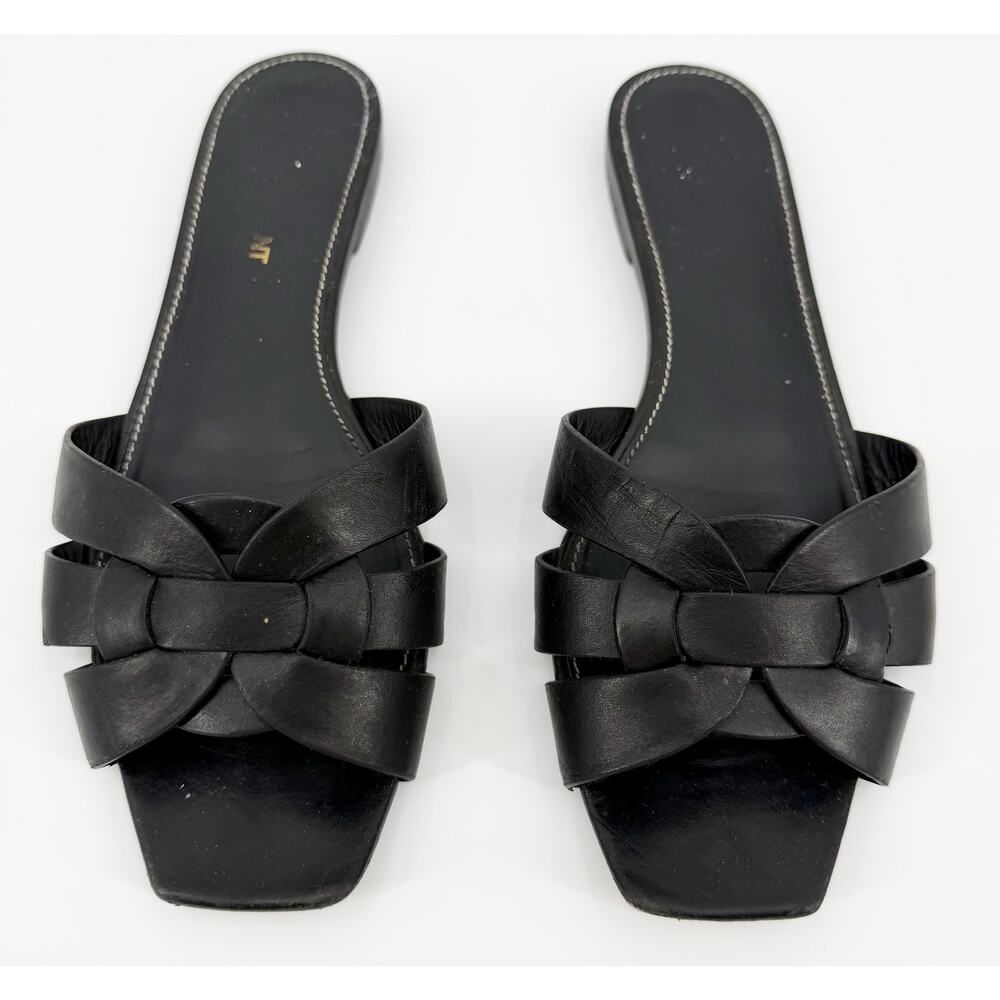 Saint Laurent Tribute Sandal Flat Mules Black Slides Smooth Leather Woven 37.5 - Picture 2 of 12